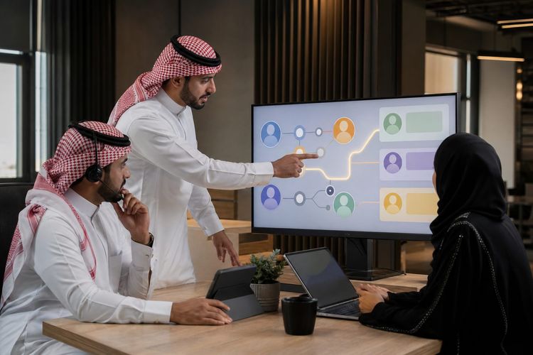 A sales team working with AI-assisted customer software