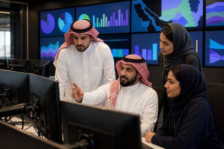 A modern corporate operations centre with analytics displayed on large screens