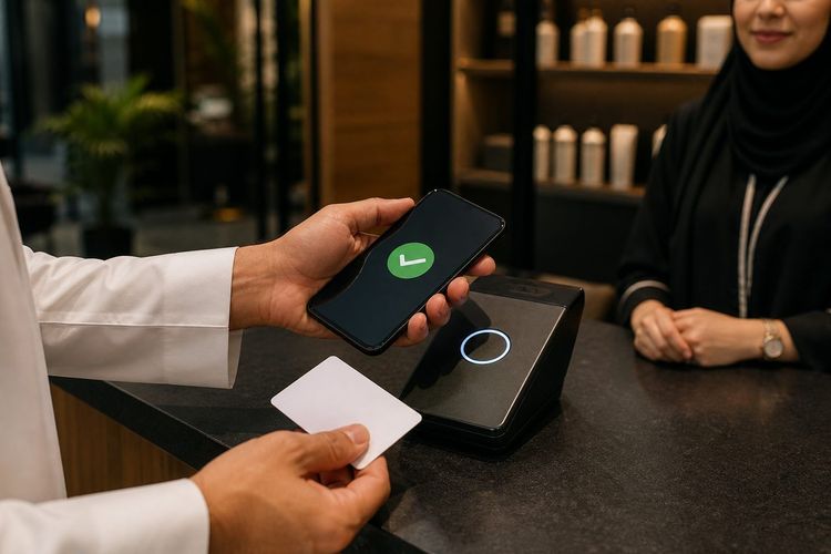 A contactless card and smartphone payment being made