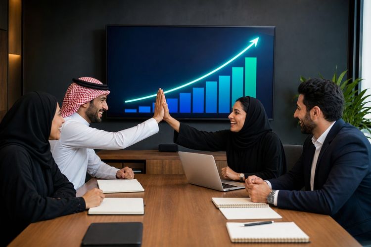 A business team reviewing marketing performance results